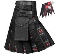 H HIGHLAND REDSTONE Hybrid Utility Kilts for Men Scottish Traditional Kilt with Flashes, Black Stewart, 34-36