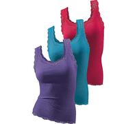 H.I.S Pack of 3 Fine Rib Vest Tops Purple/petrol/pink