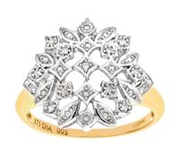 (H) Jewelco London 9ct Yellow Gold Round 5pts Diamond Art Deco Flower Dome Cluster Ring - PR0AXL6727Y
