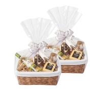 H-LINE 2 x SMALL Make Create Your Own Gift Hamper Kits - Natural Wicker Storage Basket Cellophane Wood Shred Bow Set - Ideal for Christmas Easter Christening Wedding Baby Shower or Birthday Gift