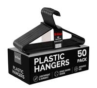 H-line 50 x Black Adult Plastic Clothes Coat Hangers with Trouser Bar and Lips