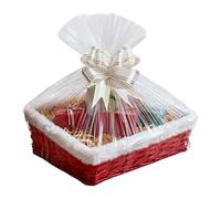 H-Line Christmas Hamper Basket Santa Bamboo Baskets Rectangle Wicker Baskets with White Faux Fur Trim Cellophane Wood Shred Bow Set Decorative Festive Hamper Christmas Basket for Snacks Sweets (Large)
