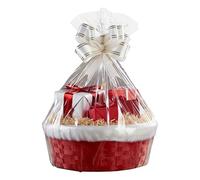 H-Line Christmas Hamper Basket Santa Bamboo Baskets Round Wicker Baskets with White Faux Fur Trim Cellophane Wood Shred Bow Set Decorative Festive Hamper Christmas Basket for Snacks Sweets (Small)