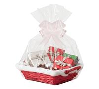 H-Line Christmas Hamper Basket Santa Bamboo Baskets Wicker Baskets with White Faux Fur Trim Cellophane Wood Shred Bow Set Decorative Festive Hamper Christmas Basket for Snacks Sweets (Medium)