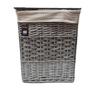 H-line Grey Wicker Laundry Basket With Lining & Lid Bathroom Washing Storage Hamper Bin (Large)