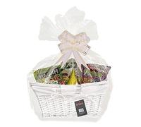 H-LINE Make Your Own Gift Hamper Kit - Wicker Basket With Handles Cellophane Wood Shred Bow Set - Ideal for Christmas Easter Christening Wedding Baby Shower or Birthday Gift (White, Rectangular)