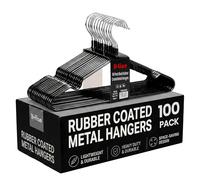 H-line Metal Hangers Rubber Coated 100 Pack Heavy Duty Strong Clothes Space Saving Organiser Hangers For Wardrobes Coat Rack Rails & Closet Thin and Non-Slip Clothing Hanger (Black)