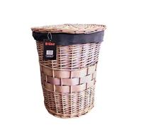 H-LINE Round Small Natural Wicker Washing Laundry Bathroom Storage Basket Hamper W Lining & Lid
