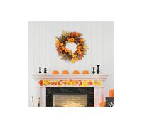 H&O Direct 45cm Maple Leaf Pumpkin Berry Rattan Wreath Door Hanging with 2m Copper Wire Light in Orange H&O Direct Orange