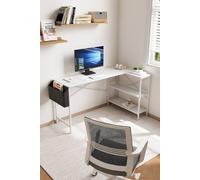 H&O Direct White L-Shaped Office Desk with Hanging Storage Bag & Shelves H&O Direct White
