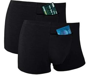 H&R Pocket Underwear for Men with Secret Hidden Front Stash Pocket, Travel Boxer Brief, Medium Size 2 Packs (Black)