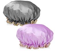 H&S 2-Pack Waterproof Shower Caps for Women, Girls & Men - Reusable Bath Hats for Long Hair - Purple & Black for Adults - Shower Cap - Bath Accessories for Women