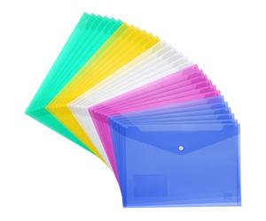 H&S 30pcs A4 Plastic Wallets Folder Foolscap Document Files Popper Wallet Envelope Folders Pockets Clear Green Red Blue Yellow