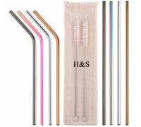 H&S 8 Metal Straws Reusable Coloured Stainless Steel Drinking Straws 2 Cleaning Brush Cleaner for Smoothie Hot Drinks with Bag Rainbow