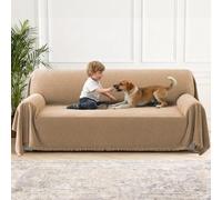 H.Versailtex Chenille Sofa Cover for 2 3 4 Seater, Waterproof Sofa Slipcover Sofa, Washable Couch Cover with Tassel, Soft Couch Covers for Dogs, Breathable, All-season Universal, 180 x 300 cm, Khaki