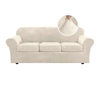 H.Versailtex Modern Velvet Plush 4 Piece High Stretch Sofa Slipcover Furniture Protector Form Fit Luxury Thick Sofa Cover for 3 Cushion Couch, Machine Washable Width Up to 90 Inch(Sofa,Ivory)