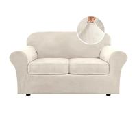 H.VERSAILTEX Real Velvet Plush 3 Piece Stretch Sofa Covers Couch Covers for 2 Cushion Couch Loveseat Covers Width Up to 72 Inch Feature Thick Soft Stay in Place (Medium Sofa, Ivory)