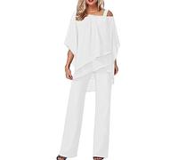 H Women's 2-Piece Chiffon Shirt and High Waist Trouser Suit - Elegant Vintage Cocktail Party Festive Suit - Tulle, White, XXL