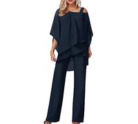 H Women's 2-Piece Chiffon Shirt and High Waist Trouser Suit - Elegant Vintage Cocktail Party Suit - Navy, S