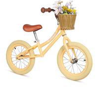 H.yeed 14 Inch Kids Balance Bike, Lightweight Height-adjustable Push Bike with Removable Basket and Rubber Air Tires, Toddler Training Bike for 3-6 Years Old Boys Girls(No Flower) (light yellow)