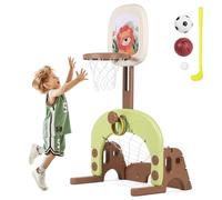 H.yeed 4-in-1 Kids Basketball Hoop Set, Adjustable Height Sports Activity Centre with Basketball, Football Golf & Ring Toss, Indoor Outdoor Toddler Toy for Boys Girls Age 3-6