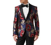 H008 - Mens Retro Flocked Print Red Navy Floral Tuxedo Jacket Smart Designer Style Tailored Fit Blazer