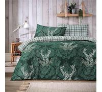 H2 Linen Highland Stag Head Printed Double Size Duvet Cover Sets Stag Check Reversible Duvet Cover with Pillow Cases Stag Comforter Cover Bedding Quilt Covers Sets (Stag - Green, 200 x 200 cm)