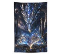 H3B8U2Y5 Blue Dragon Magic Book Wall Tapestry, Surrealist, Fantasy Legend