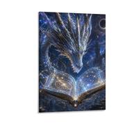H3B8U2Y5 Cosmic Dragon Magic Book Canvas Wall Art, Glowing Fantasy Decor