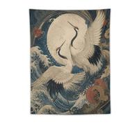 H3B8U2Y5 Crane Moon Woodblock Wall Tapestry, Whimsical Animals Bedroom