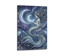 H3B8U2Y5 Crescent Moon Mermaid Canvas Wall Art, Dreamlike Coastal Artwork