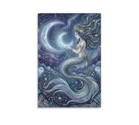 H3B8U2Y5 Crescent Moon Mermaid Canvas Wall Art, Dreamlike Coastal Artwork