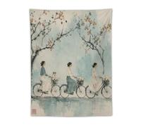 H3B8U2Y5 Cyclists under Blossoms Wall Tapestry, Asian Ink, Reading Corner
