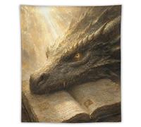 H3B8U2Y5 Dragon Resting on Ancient Book Wall Tapestry, Surrealist, Sunbeam