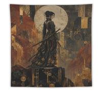 H3B8U2Y5 Female Samurai Under Golden Moon Wall Tapestry, Japanese Warriors