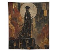 H3B8U2Y5 Female Samurai Under Golden Moon Wall Tapestry, Japanese Warriors