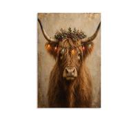 H3B8U2Y5 Highland Cow Floral Portrait Canvas Wall Art, Boho Farmhouse Decor | Rustic Western Wall Art, Textured Ranch Artwork, Prairie Animal Portrait, Canvas Print, 12x18inch(30x45cm).