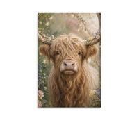 H3B8U2Y5 Highland Cow Garden Portrait Canvas Wall Art, Boho Farmhouse Decor | Textured Ranch Artwork, Country Wildlife Print, Prairie Animal Portrait, Canvas Print, 12x18inch(30x45cm).