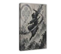 H3B8U2Y5 Ink Samurai Leap Canvas Wall Art, Japanese Warriors Reading Corner