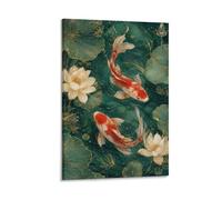 H3B8U2Y5 Koi Fish Lotus Canvas Wall Art, Modern Oriental Artwork | Zen Water Painting, Tranquil Pond Print, Minimalist Asian Wall Art, Japandi Decor, Canvas Print, 12x18inch(30x45cm).