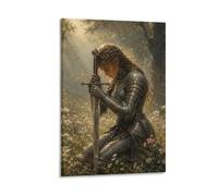 H3B8U2Y5 Medieval Female Knight Forest Canvas Wall Art, Medieval Fantasy | Historical Warrior Print, Atmospheric Battle Scene, Heroic Armor Portrait, Canvas Print, 08x12inch(20x30cm).