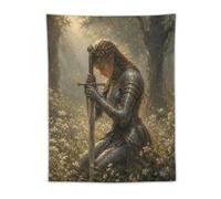 H3B8U2Y5 Medieval Female Knight Forest Wall Tapestry, Heroic Sword