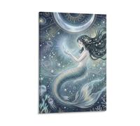 H3B8U2Y5 Moon Mermaid Coral Reef Canvas Wall Art, Ocean Fantasy Painting