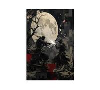 H3B8U2Y5 Moonlit Samurai Duel Canvas Wall Art, Japanese Warriors Dorm Room