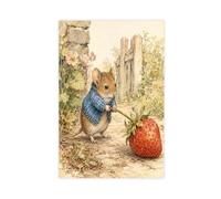 H3B8U2Y5 Mouse with Strawberry Canvas Wall Art, Folk Art Reading Corner