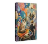 H3B8U2Y5 Painter Cat Floating Island Canvas Wall Art, Surrealism Entryway