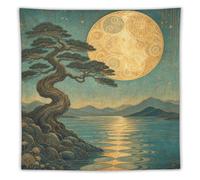 H3B8U2Y5 Pine Tree under Full Moon Wall Tapestry, Ukiyo-e, Moonlit Stage