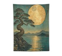 H3B8U2Y5 Pine Tree under Full Moon Wall Tapestry, Ukiyo-e Style, Sofa Area