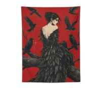 H3B8U2Y5 Raven Woman with Flying Crows Wall Tapestry, Black Feather Dress | Red Sky, Wall Tapestry Dorm Room, Black Feather Dress, Room Divider, Realistic Illustration, 75x100cm.