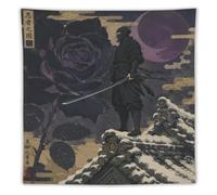 H3B8U2Y5 Samurai with Moon and Red Rose Wall Tapestry, Japanese Warriors